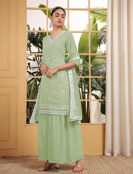 Salwar kameez vert pistache en georgette avec broderie à sequins
