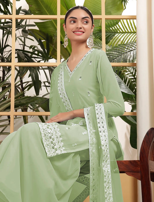 Salwar kameez vert pistache en georgette avec broderie à sequins