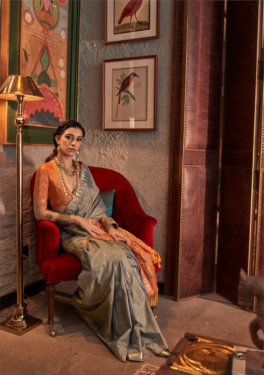 Sari en soie grise avec pallu Design contrastant au motif Ikkat