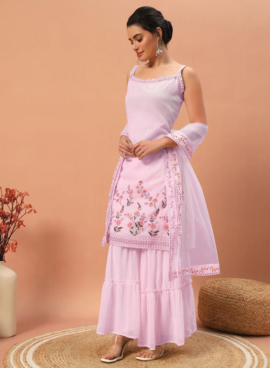 Ensemble salwar en georgette rose clair avec broderies à sequins – Tenue traditionnelle chic et féminine pour femme