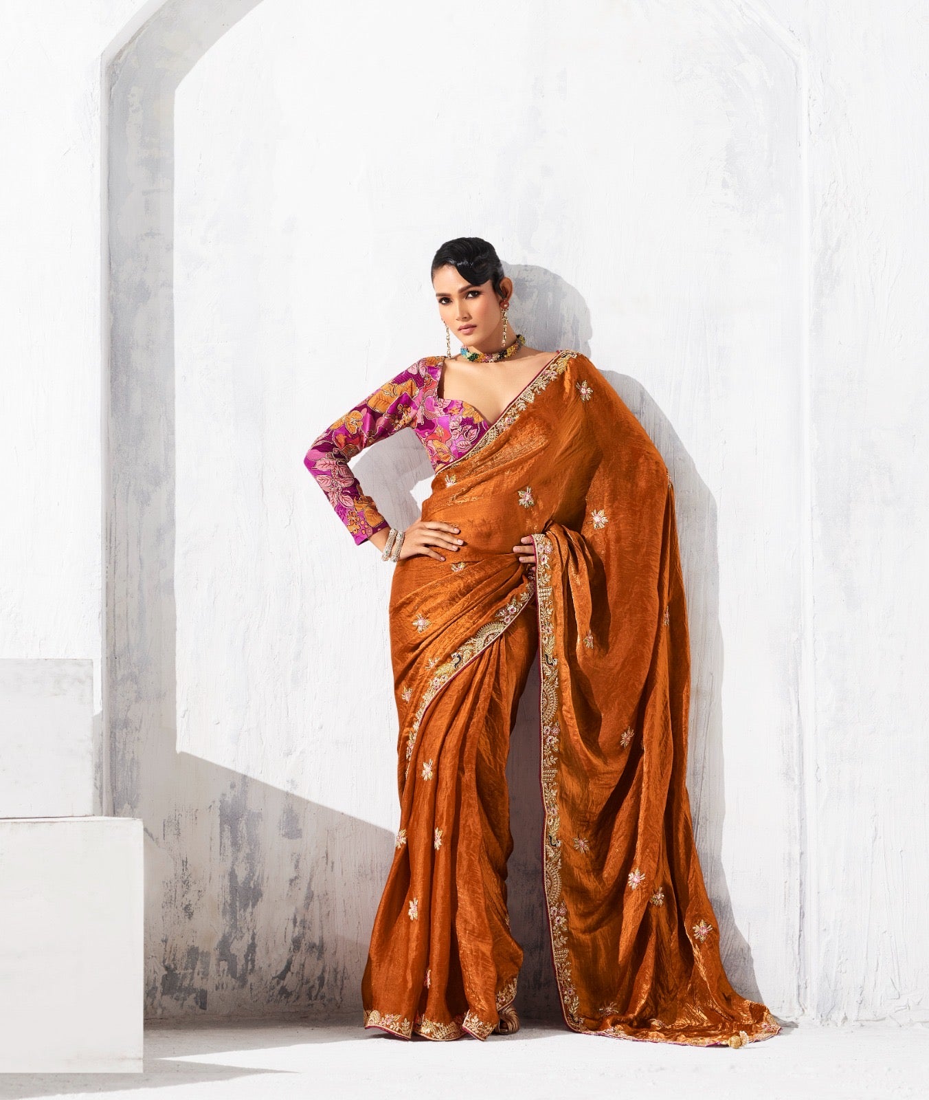 Sari orange glam organza fantaisie avec broderies COLLECTION LEYAA
