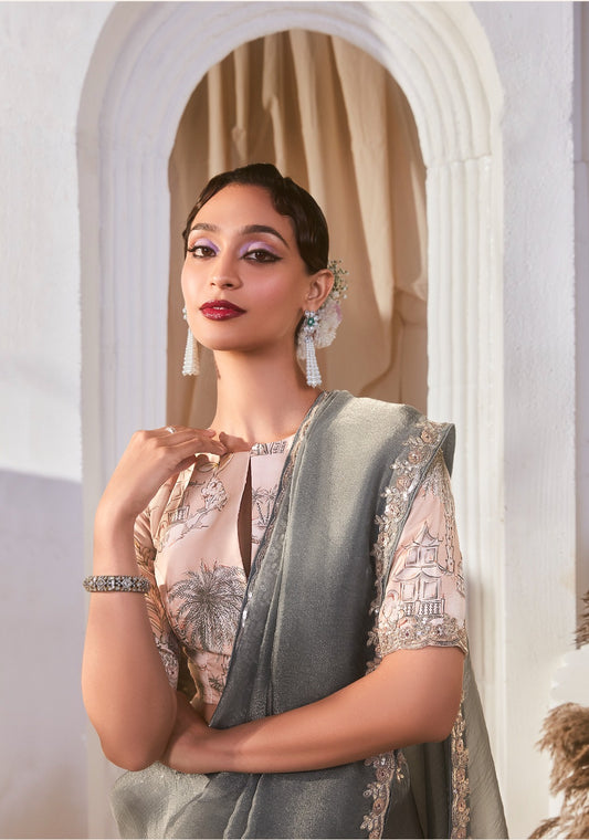 Sari moderne gris clair et beige tissu fantaisie et dentelle COLLECTION KANIKA