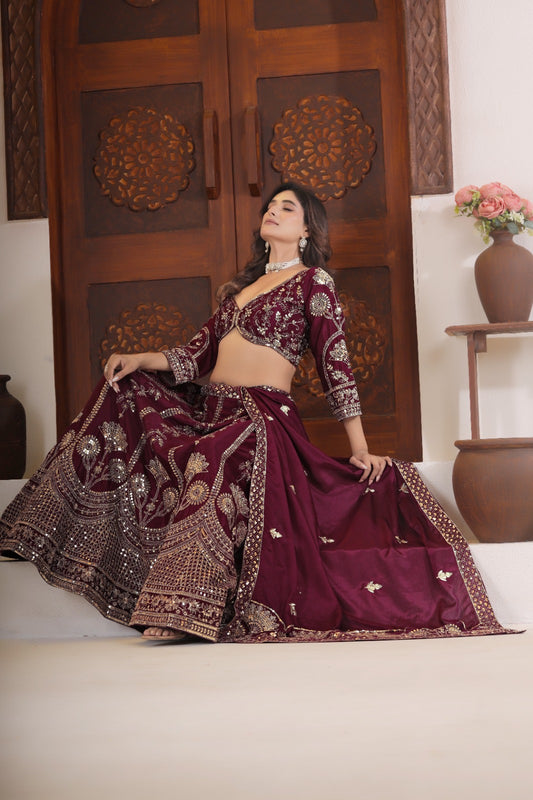 Lehenga bordeaux rouge scintillant en soie chinon et zari COLLECTION SANIYA