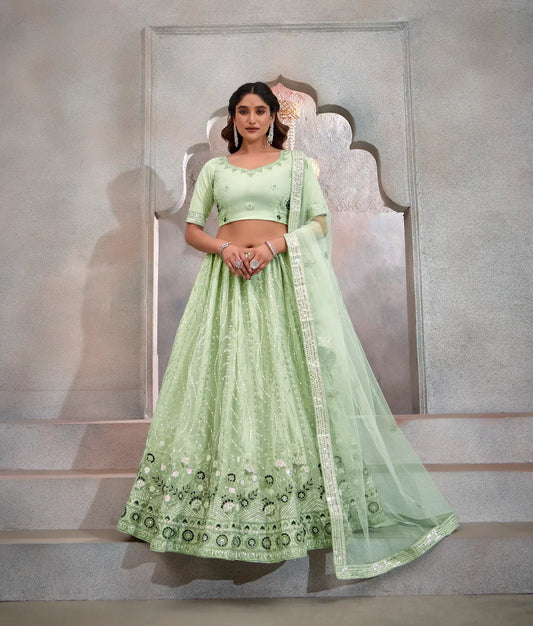 Lehenga Choli Rose Vert Menthe en Tulle | Broderies de Fils et Sequins