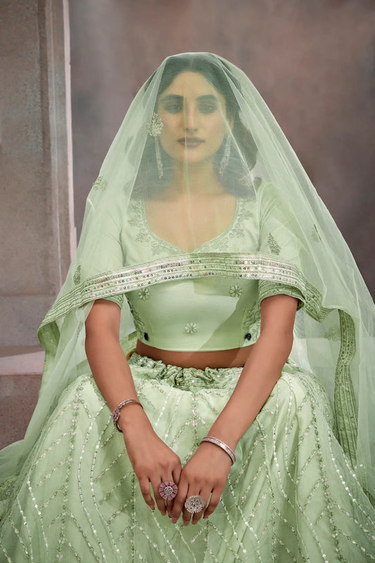 Lehenga Choli Rose Vert Menthe en Tulle | Broderies de Fils et Sequins
