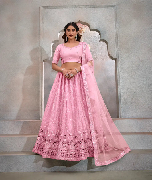 Lehenga Choli Rose Poudré en Tulle | Broderies de Fils et Sequins