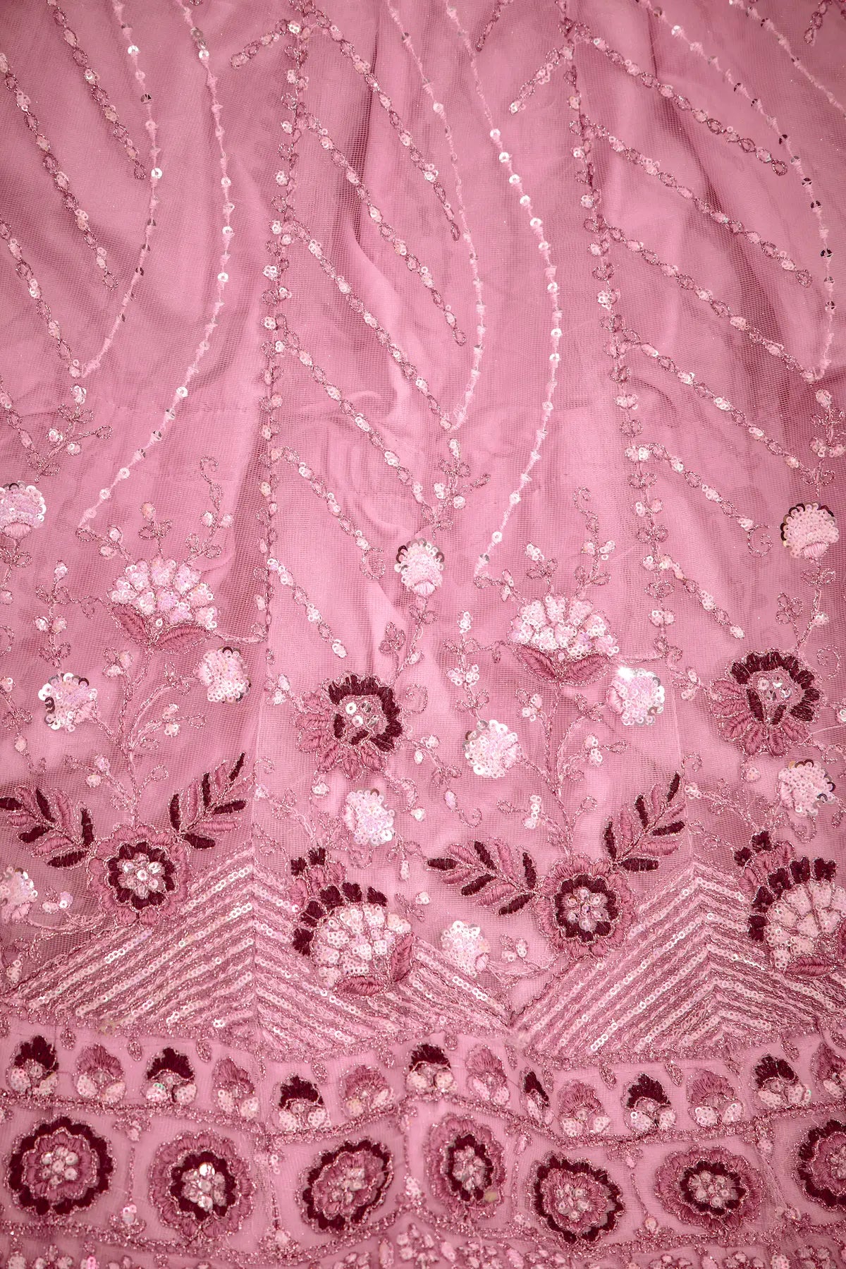 Lehenga Choli Rose Poudré en Tulle | Broderies de Fils et Sequins