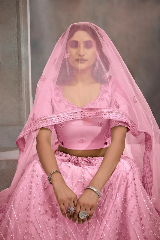Lehenga Choli Rose Poudré en Tulle | Broderies de Fils et Sequins