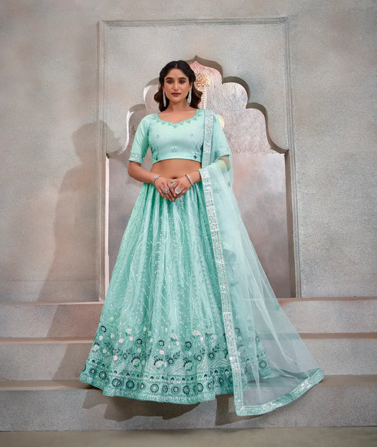 Lehenga Choli Bleu Turquoise en Tulle | Broderies de Fils et Sequins