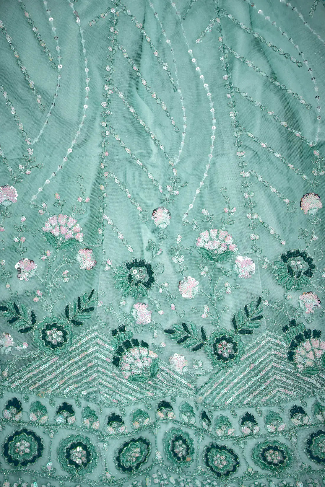 Lehenga Choli Bleu Turquoise en Tulle | Broderies de Fils et Sequins