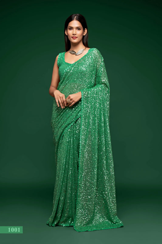 Sari en georgette vert menthe avec broderie au fil et multiples sequins COLLECTION NAYA