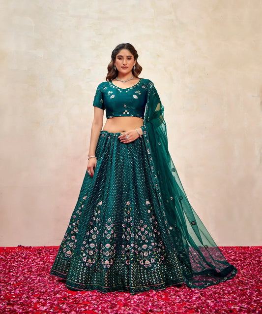Lehenga Choli en filet vert sarcelle avec broderie au fil et sequins