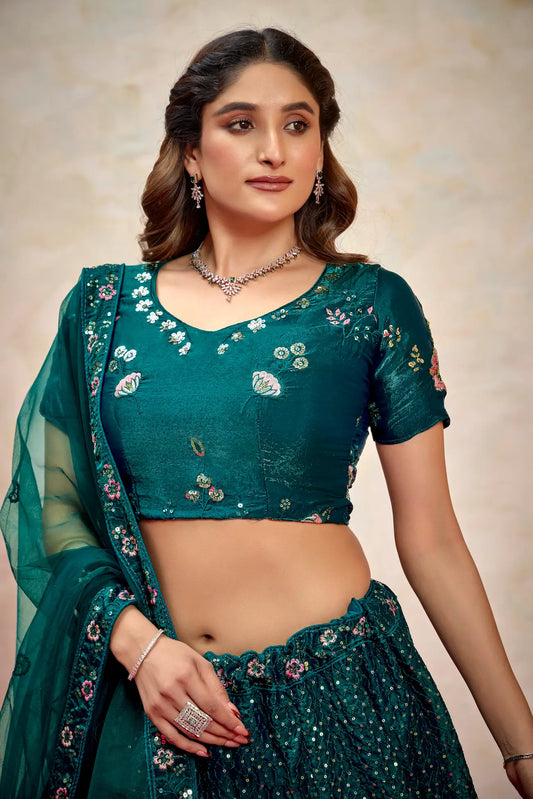 Lehenga Choli en filet vert sarcelle avec broderie au fil et sequins