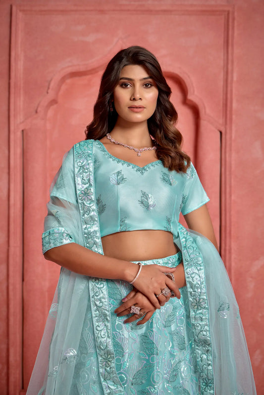 Lehenga Choli Bleu Ciel en Filet avec Broderies au Fil et Sequins – Une tenue traditionnelle éclatante pour vos festivités