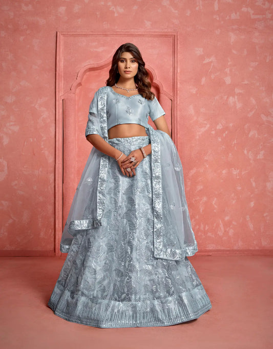 Lehenga Choli Gris Clair en Tissu Filet avec Broderies au Fil et Sequins – Une pièce élégante et scintillante, idéale pour vos célébrations raffinées