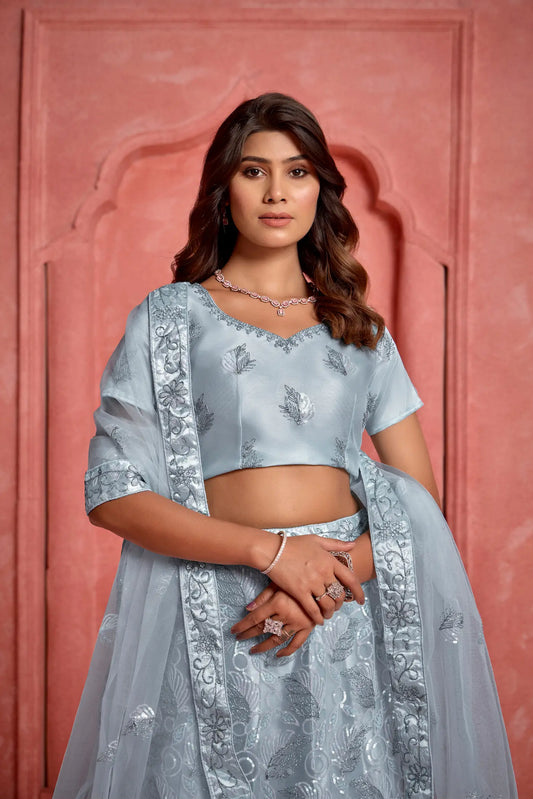 Lehenga Choli Gris Clair en Tissu Filet avec Broderies au Fil et Sequins – Une pièce élégante et scintillante, idéale pour vos célébrations raffinées