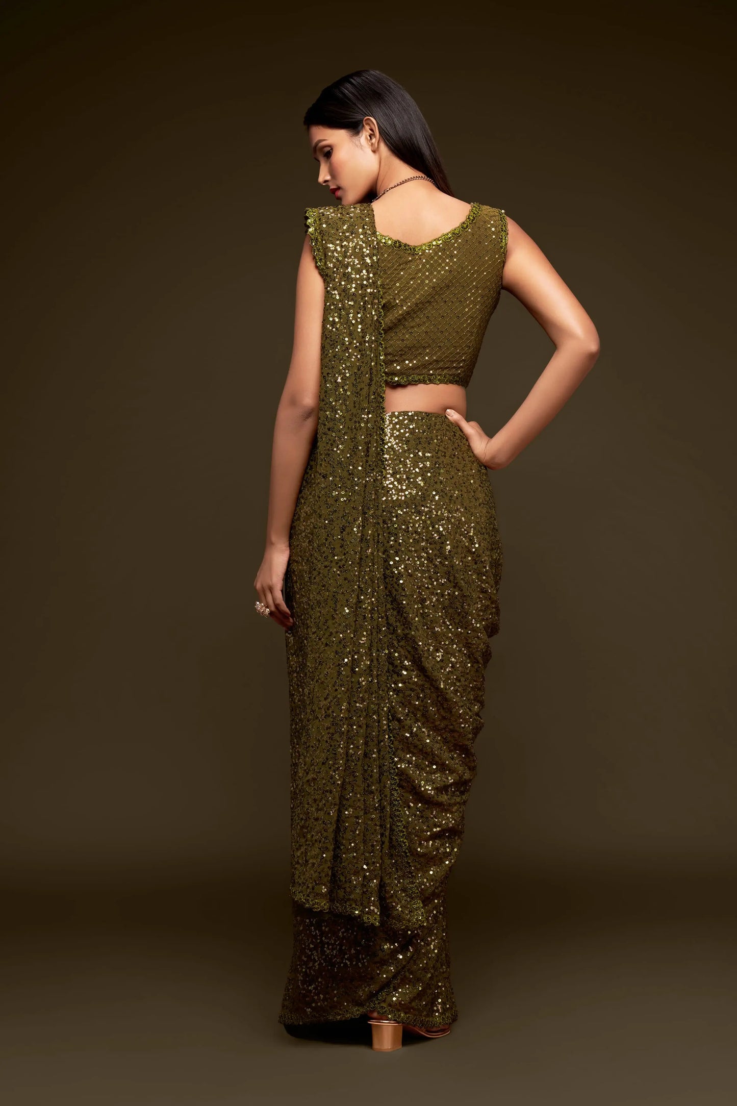 Olive green georgette sari with thread embroidery and multiple sequins NAYA COLLECTION