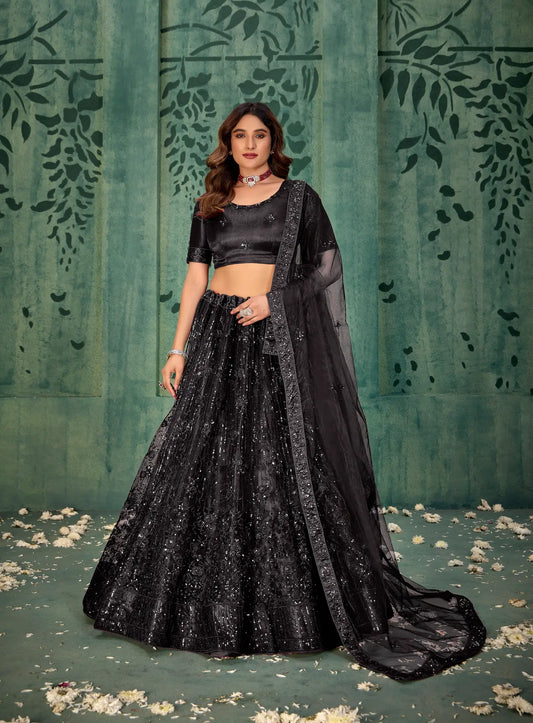 Lehenga Choli en filet noir avec broderie au fil et sequins