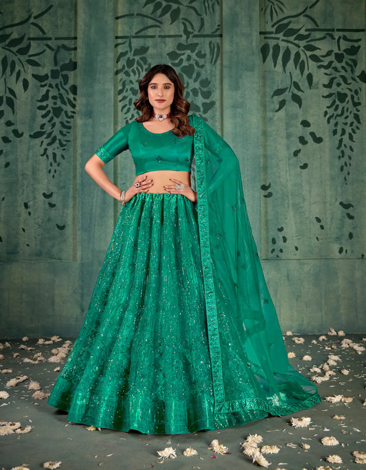 Lehenga Choli en filet vert persan avec broderie au fil et sequins