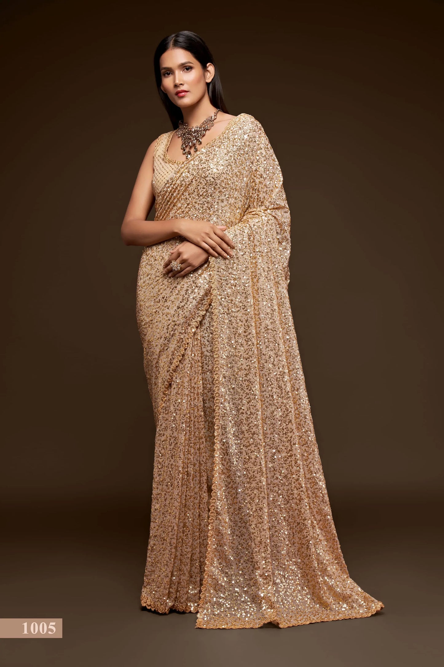 Vintage ivory beige georgette sari with thread embroidery and multiple sequins NAYA COLLECTION