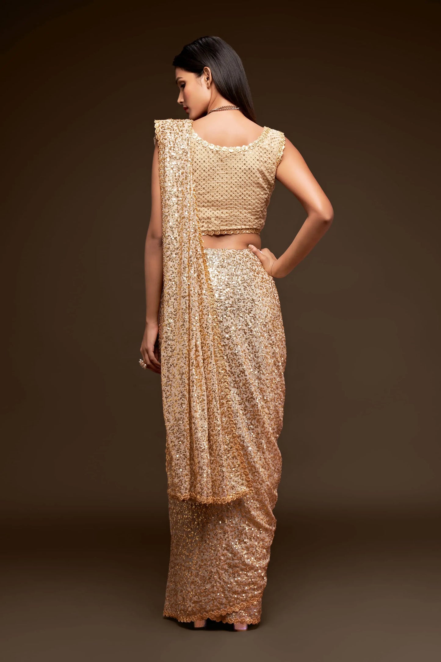 Vintage ivory beige georgette sari with thread embroidery and multiple sequins NAYA COLLECTION