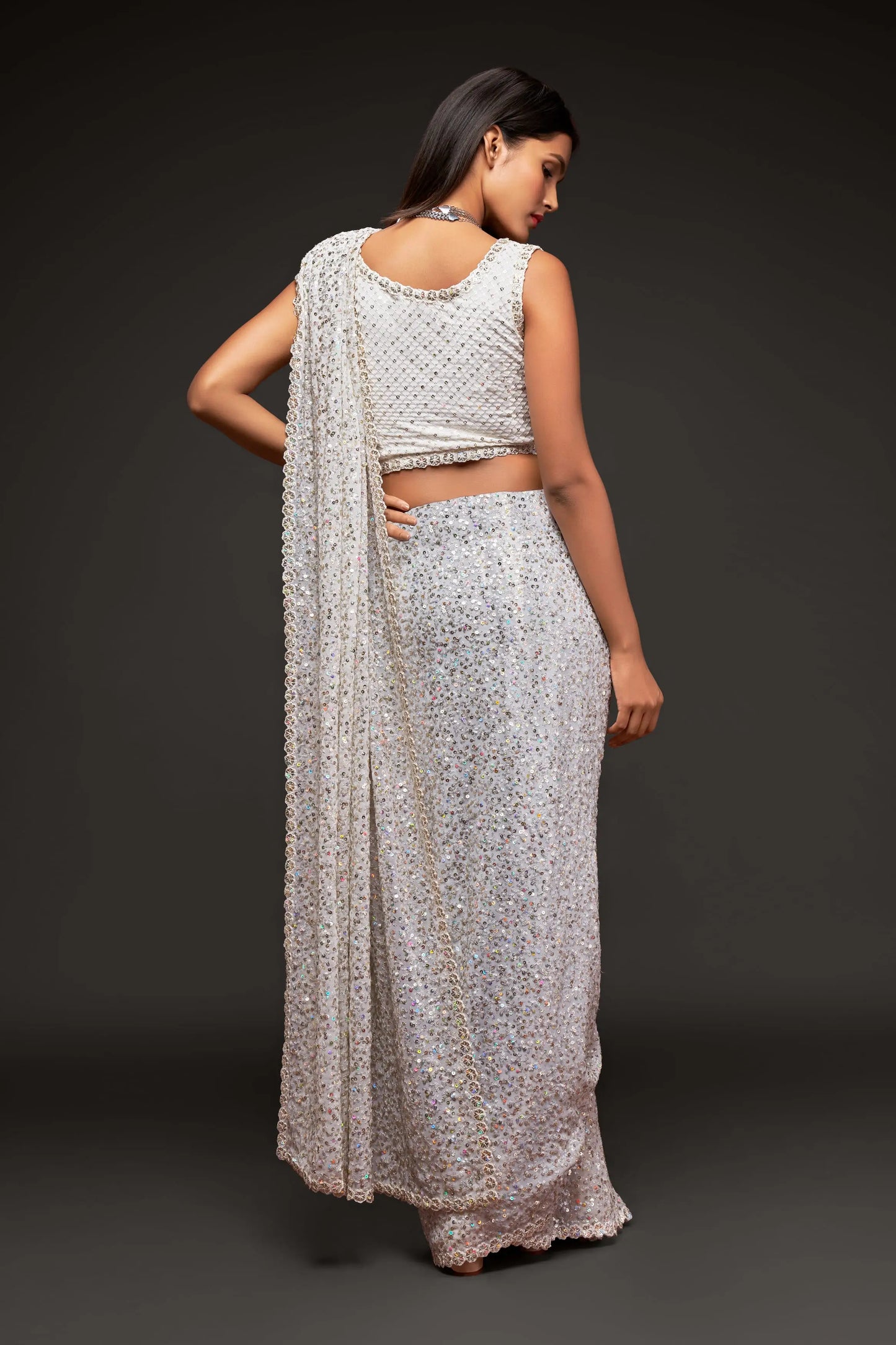 Pearly white georgette sari with thread embroidery and multiple sequins NAYA COLLECTION