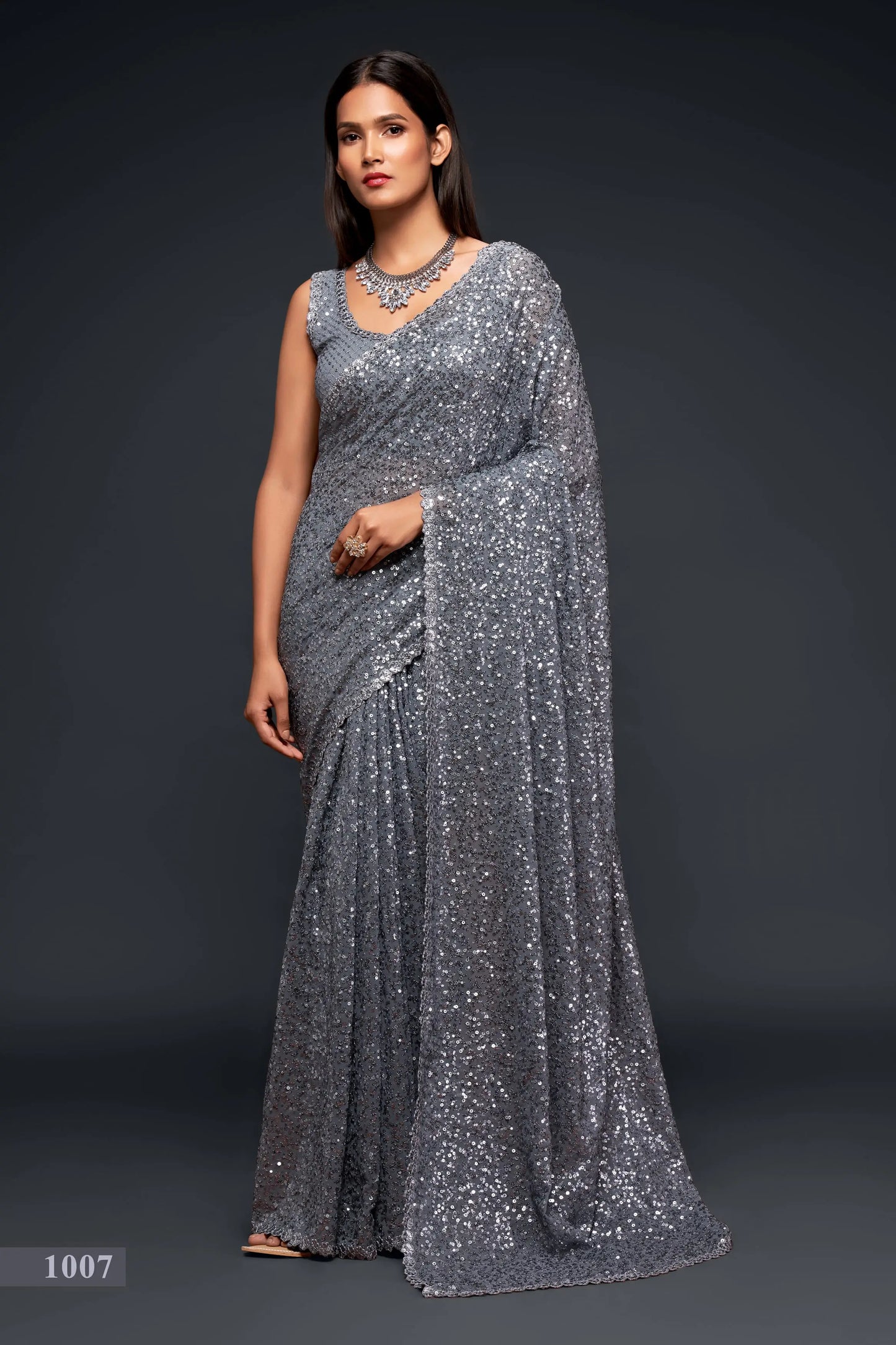Slate gray georgette sari with thread embroidery and multiple sequins NAYA COLLECTION