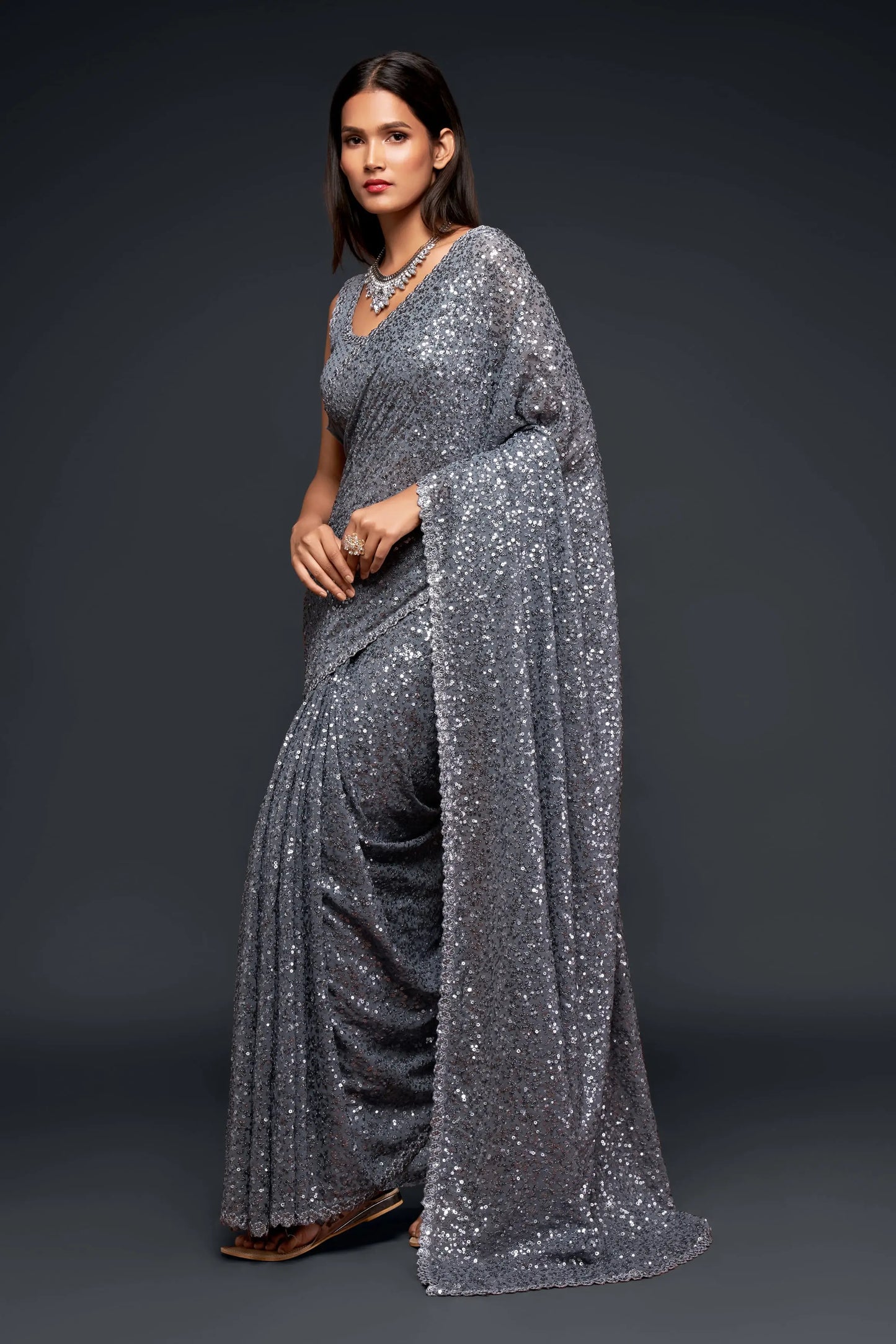 Slate gray georgette sari with thread embroidery and multiple sequins NAYA COLLECTION