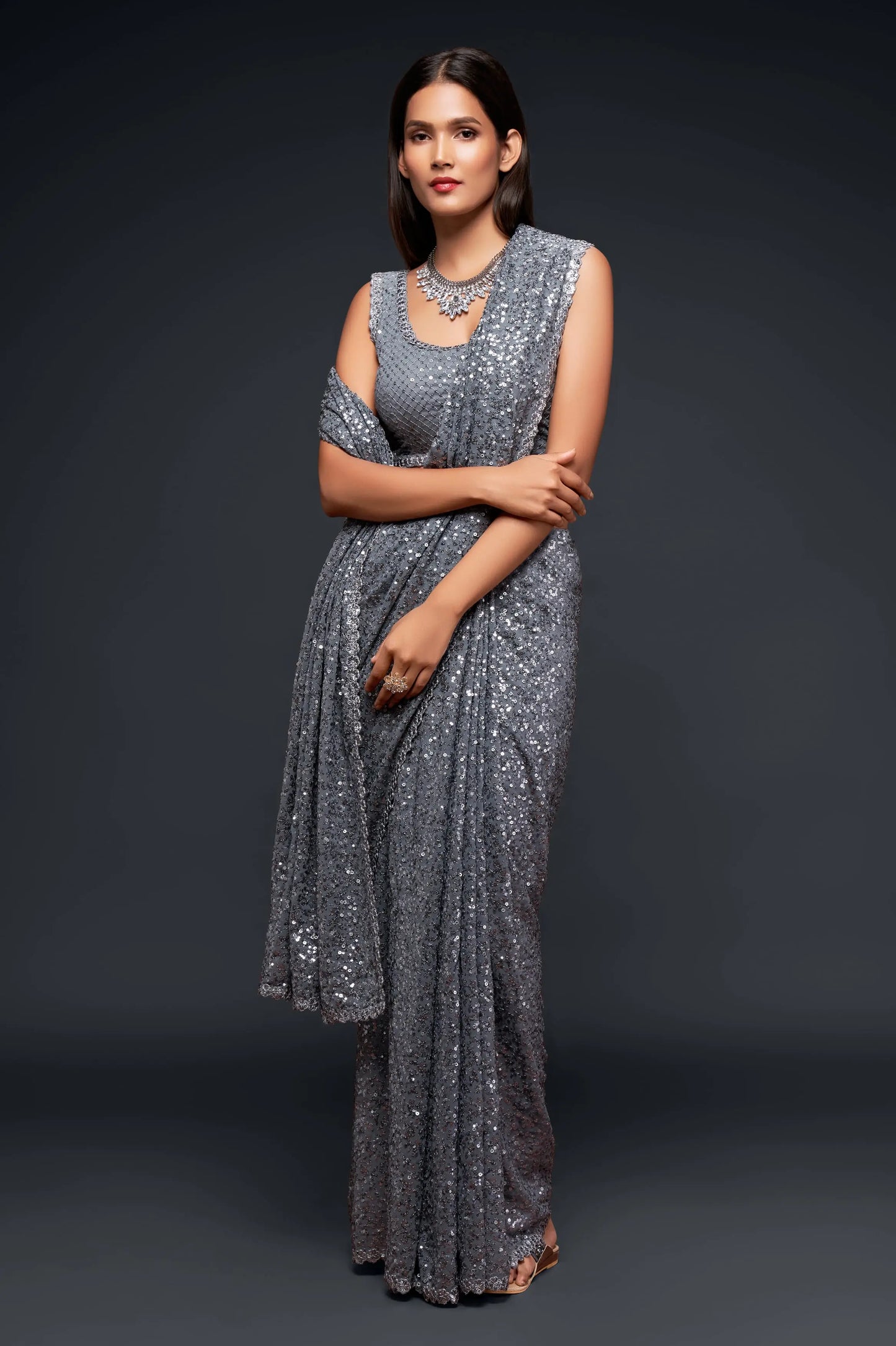 Slate gray georgette sari with thread embroidery and multiple sequins NAYA COLLECTION