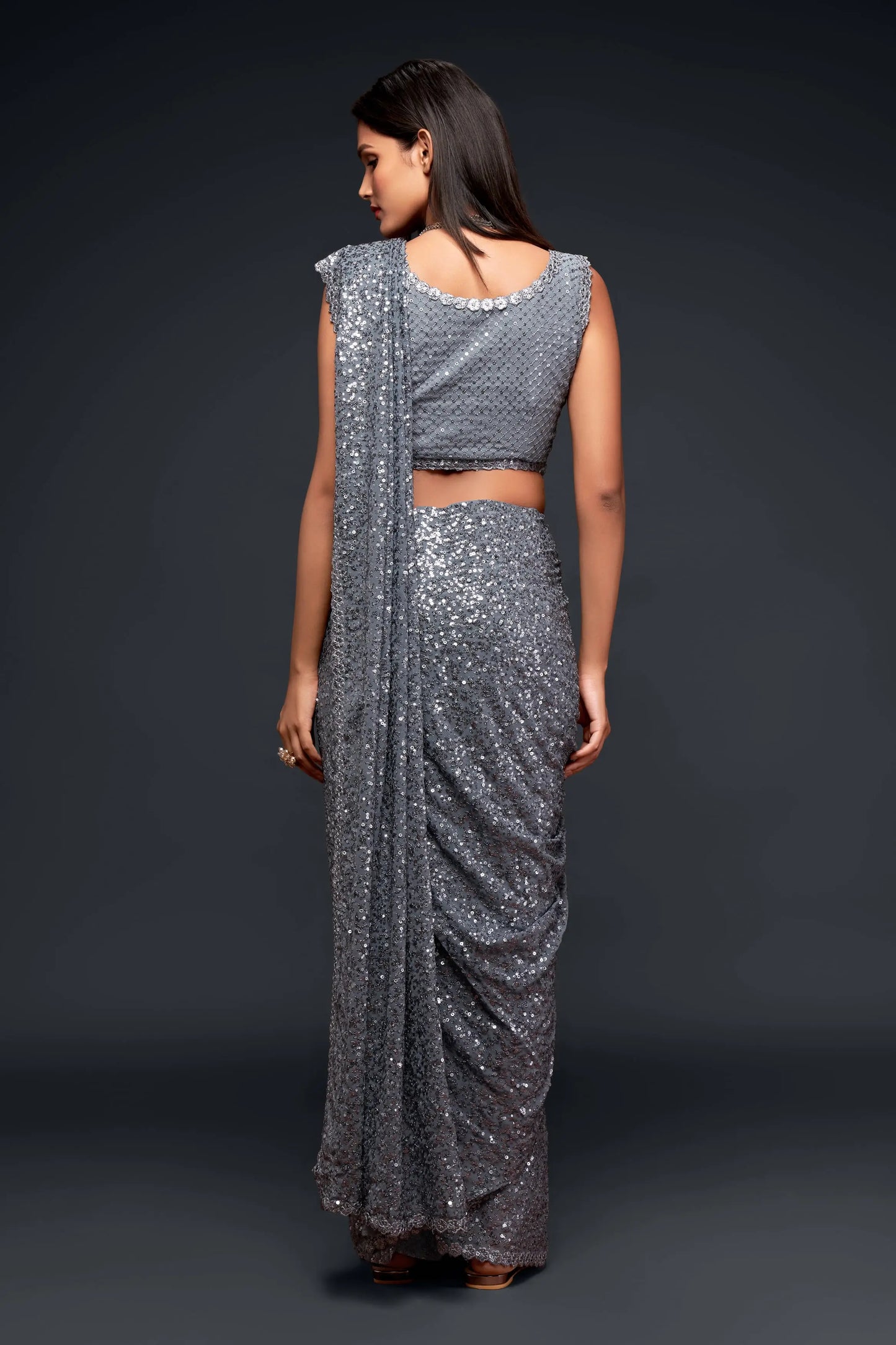 Slate gray georgette sari with thread embroidery and multiple sequins NAYA COLLECTION