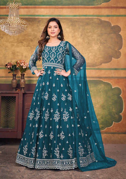 Robe bleu sarcelle en tissu net avec broderie en zari et au fil