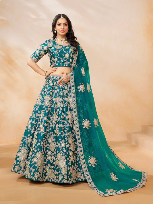 Lehenga choli en soie artificielle bleu sarcelle avec broderie en fils et sequins