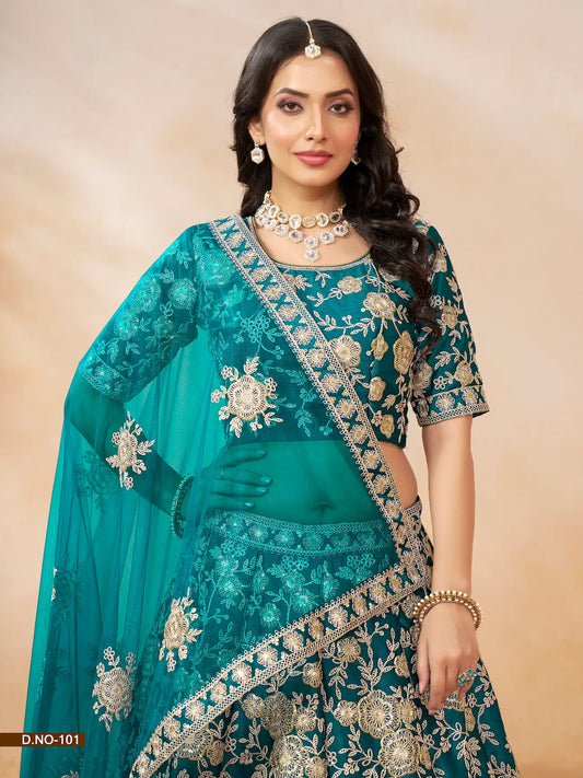 Lehenga choli en soie artificielle bleu sarcelle avec broderie en fils et sequins