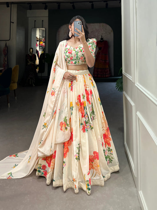 Cream Georgette Floral Print Lehenga Choli