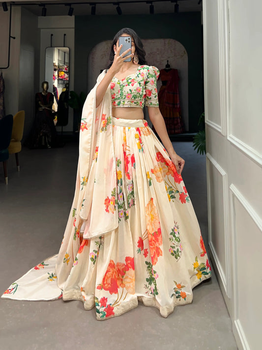 Cream Georgette Floral Print Lehenga Choli