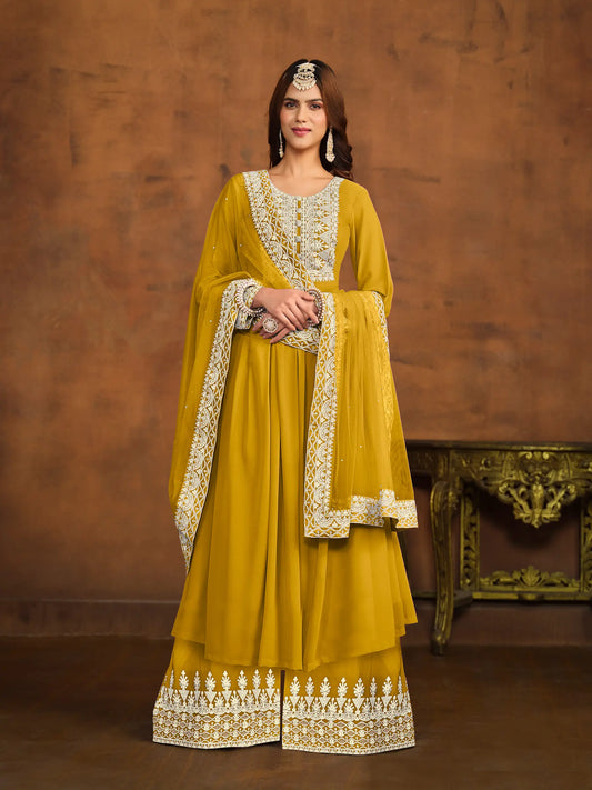 Ensemble palazzo jaune en georgette avec broderie au fil et sequins