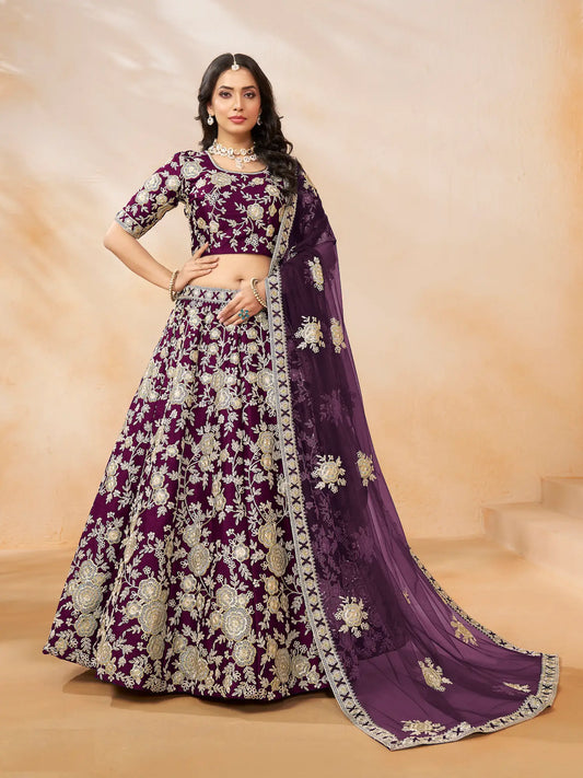 Lehenga Choli violet raisin en soie artificielle avec broderie au fil et sequins