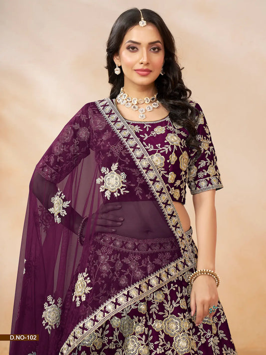 Lehenga Choli violet raisin en soie artificielle avec broderie au fil et sequins