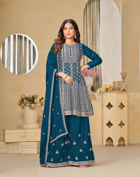 Ensemble Palazzo Bleu Sarcelle en Chinon avec Broderie en Fil et Sequins