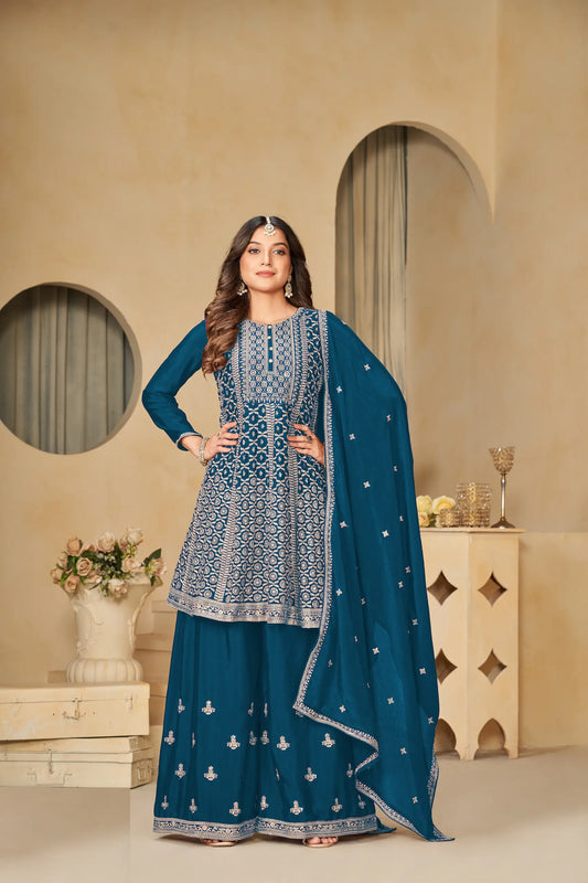 Ensemble Palazzo Bleu Sarcelle en Chinon avec Broderie en Fil et Sequins