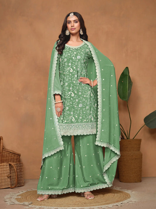 Ensemble Palazzo vert pistache en chinon avec broderie au fil et aux sequins