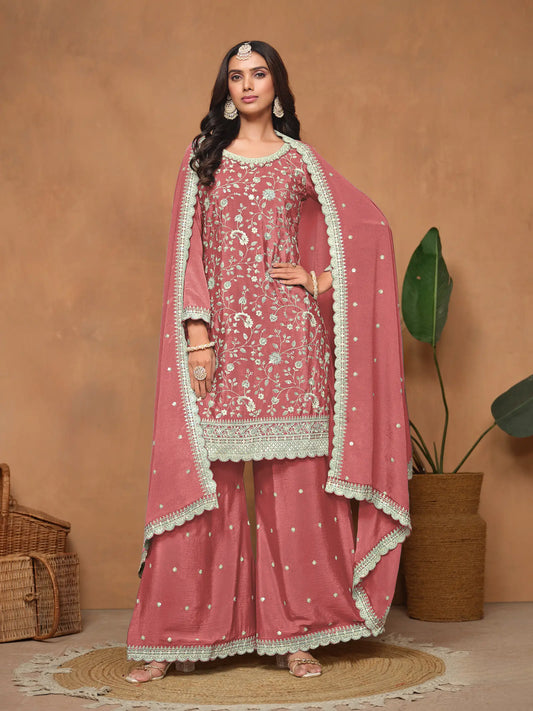 Ensemble Palazzo rose pâle en chinon avec broderie au fil et aux sequins