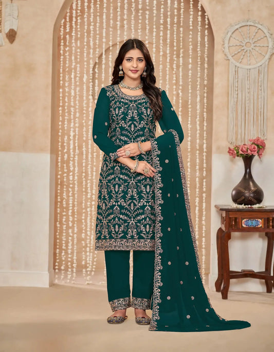 Ensemble Palazzo vert foncé en georgette avec broderie au fil et aux sequins