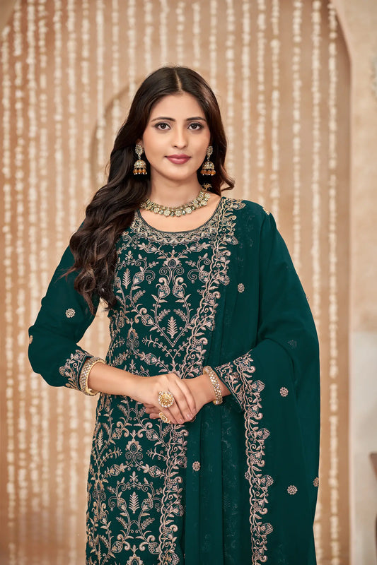 Ensemble Palazzo vert foncé en georgette avec broderie au fil et aux sequins