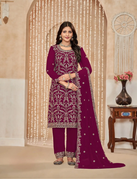 Ensemble Palazzo rose foncé en georgette avec broderie au fil et aux sequins