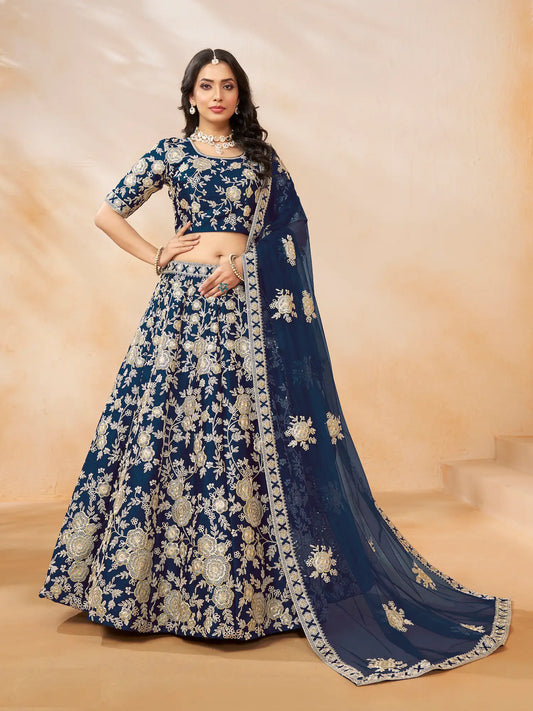 Lehenga Choli bleu marine en soie artificielle avec broderie au fil et sequins