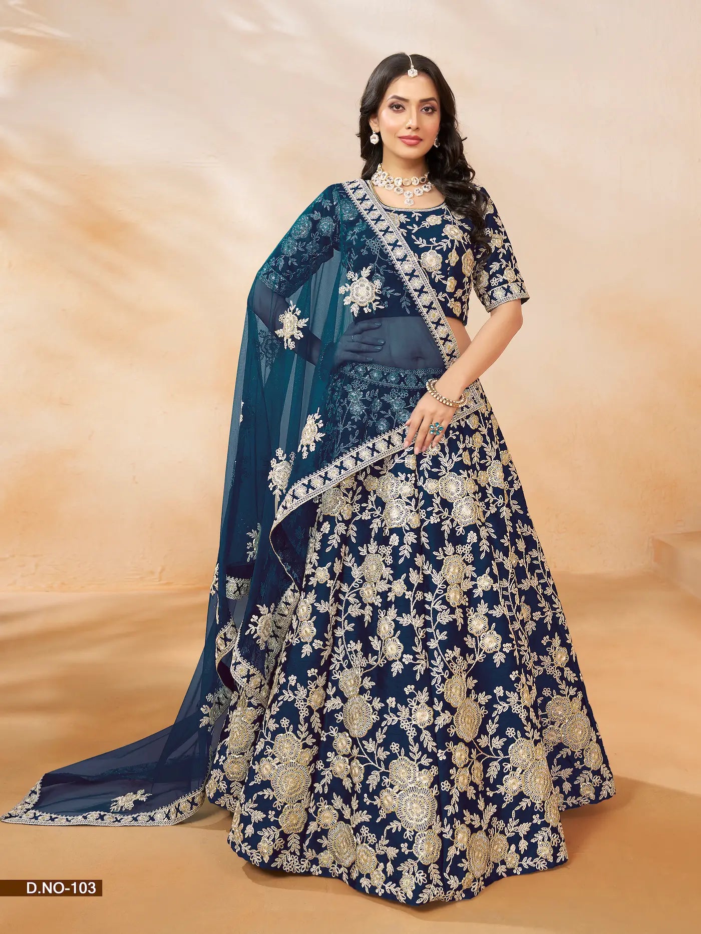 Lehenga Choli bleu marine en soie artificielle avec broderie au fil et sequins