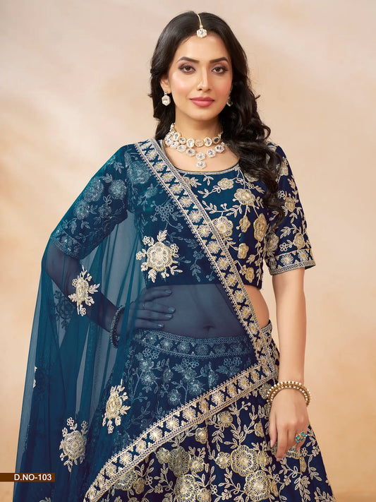 Lehenga Choli bleu marine en soie artificielle avec broderie au fil et sequins