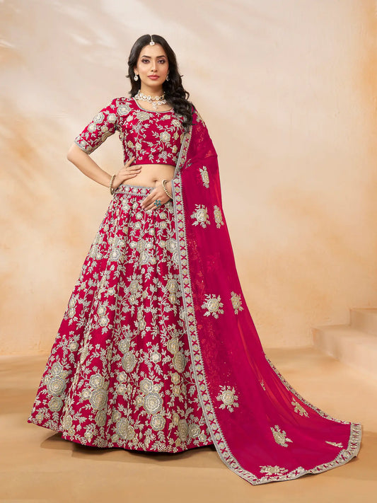 Lehenga Choli rouge en soie artificielle avec broderie au fil et sequins