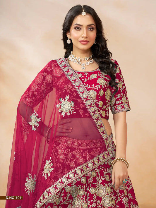 Lehenga Choli rouge en soie artificielle avec broderie au fil et sequins